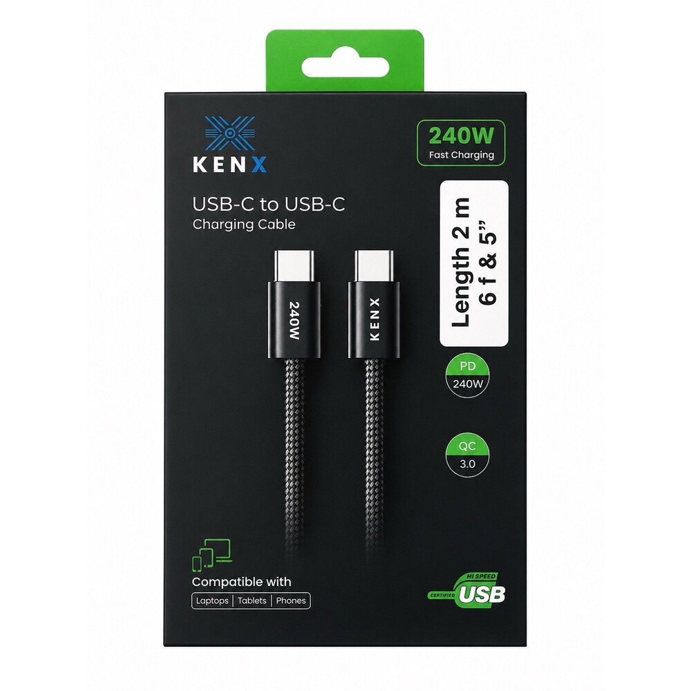 KENX 240W USB-C to USB-C Fast Charging Cable 6ft 5in Braided PD QC 3.0 New